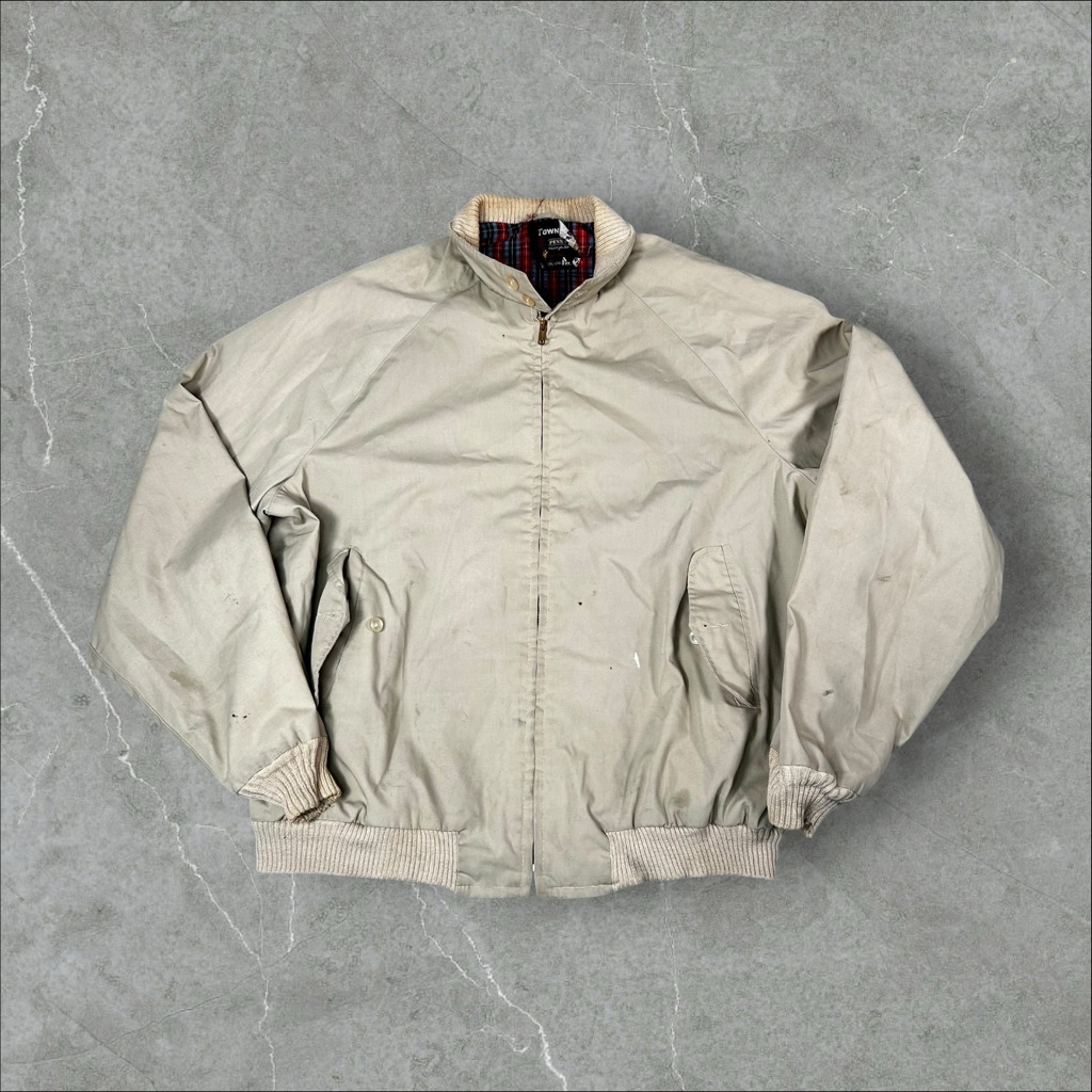 Vintage Towncraft Jacket Mens Xl Tan Bomber Harrington Chin Strap Plaid 50s 60s